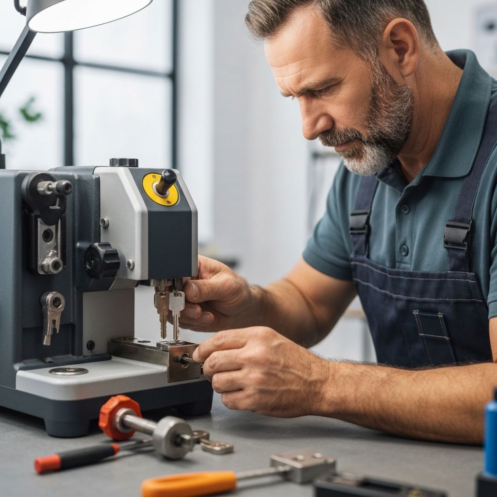 Professional locksmith performing lock rekeying service with specialized tools